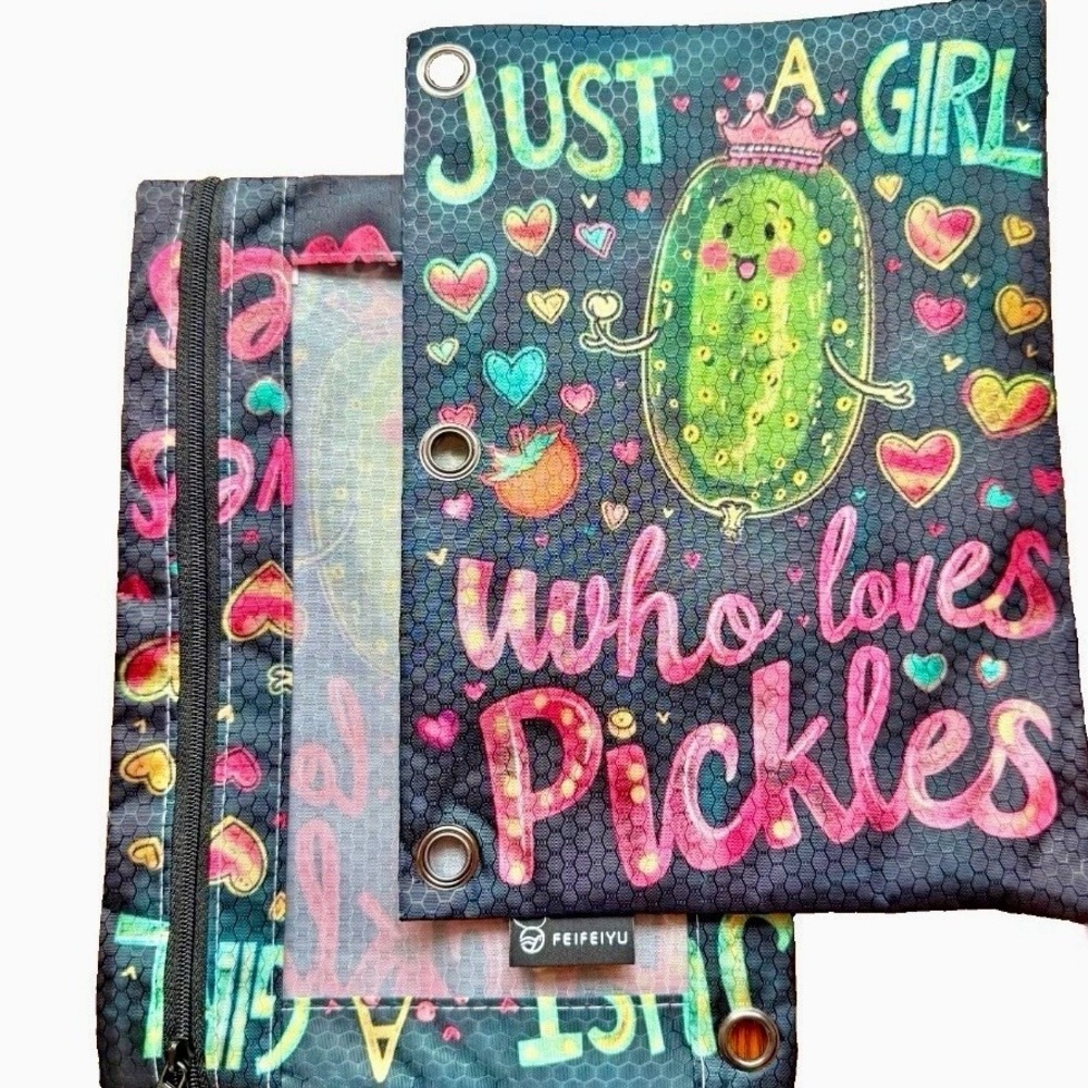2 Pcs Zipper PENCIL BAG Pouch 3-Ring Binder with Clear Window Pickles School